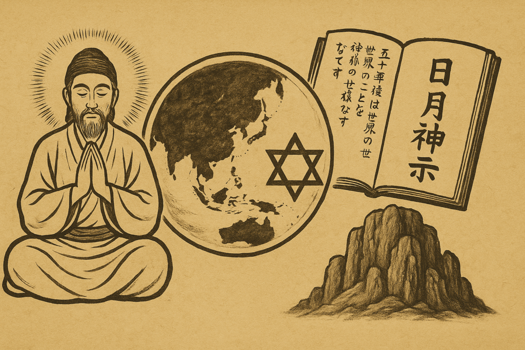 古代日本の書物風に構成された、日月神示と身魂磨きの世界観を描いた横長イラスト。