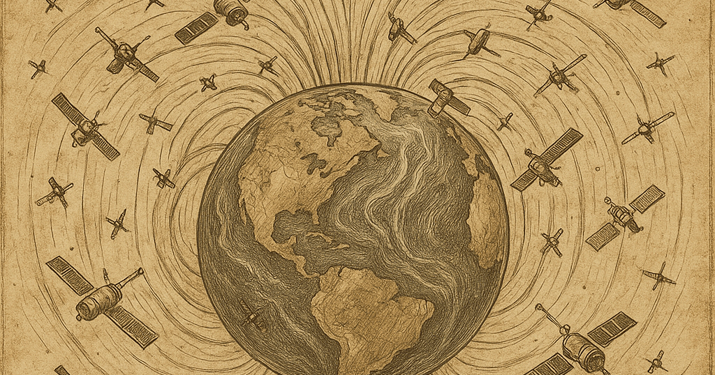 太陽からのフレアが地球の磁場を直撃する様子を描いた古風なエッチング風イラスト。地球の防御バリアが太陽風と衝突する瞬間を表現。