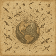 太陽からのフレアが地球の磁場を直撃する様子を描いた古風なエッチング風イラスト。地球の防御バリアが太陽風と衝突する瞬間を表現。