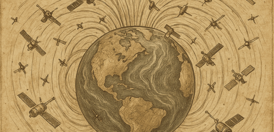 太陽からのフレアが地球の磁場を直撃する様子を描いた古風なエッチング風イラスト。地球の防御バリアが太陽風と衝突する瞬間を表現。