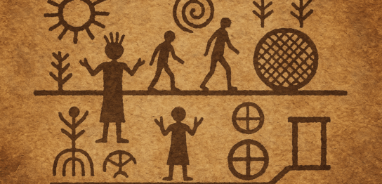 このイラストは、ホピ族が口承で伝える「五つの世界」や「人類の精神的選別」を象徴するペトログリフを模しており、自然・太陽・人間の関係性を強調した構成となっている。