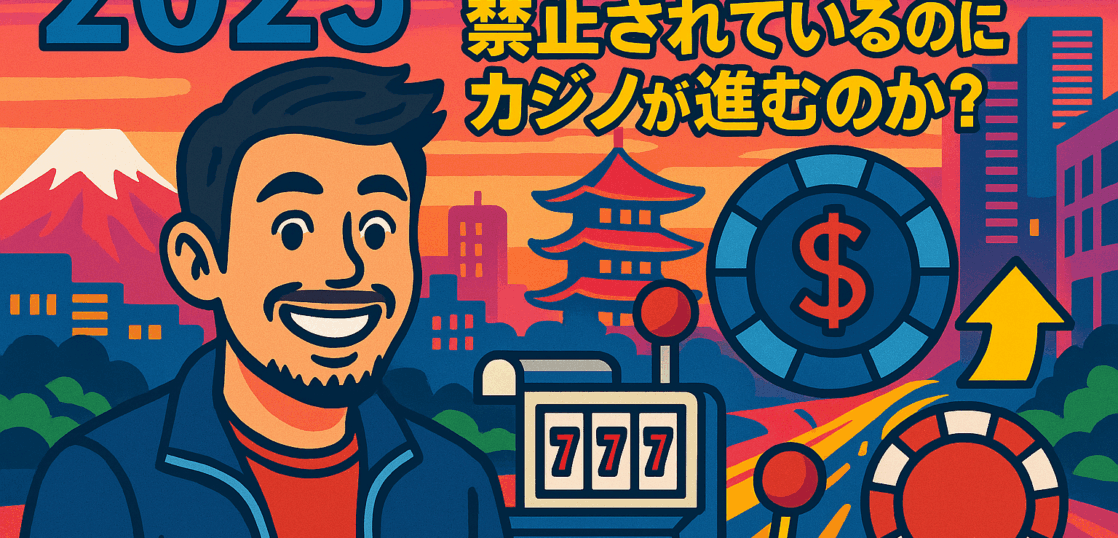 A pop-style digital illustration of a smiling man resembling Naokiman, surrounded by slot machines, chips, and a Japanese cityscape, highlighting the paradox of casino development despite gambling bans in Japan