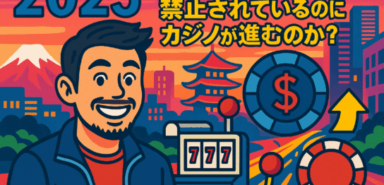 A pop-style digital illustration of a smiling man resembling Naokiman, surrounded by slot machines, chips, and a Japanese cityscape, highlighting the paradox of casino development despite gambling bans in Japan