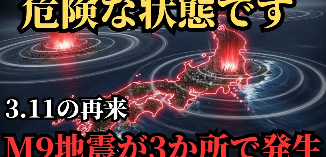 YouTube動画「【閲覧注意】東日本大震災級の巨大地震が3か所で発生する！？M9地震が起きやすい状況【 都市伝説 予言 ミステリー スピリチュアル 予知能力 】」のサムネイル画像